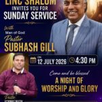 Promotional flyer for a LINC Shalom Sunday service featuring two pastors in Brampton.