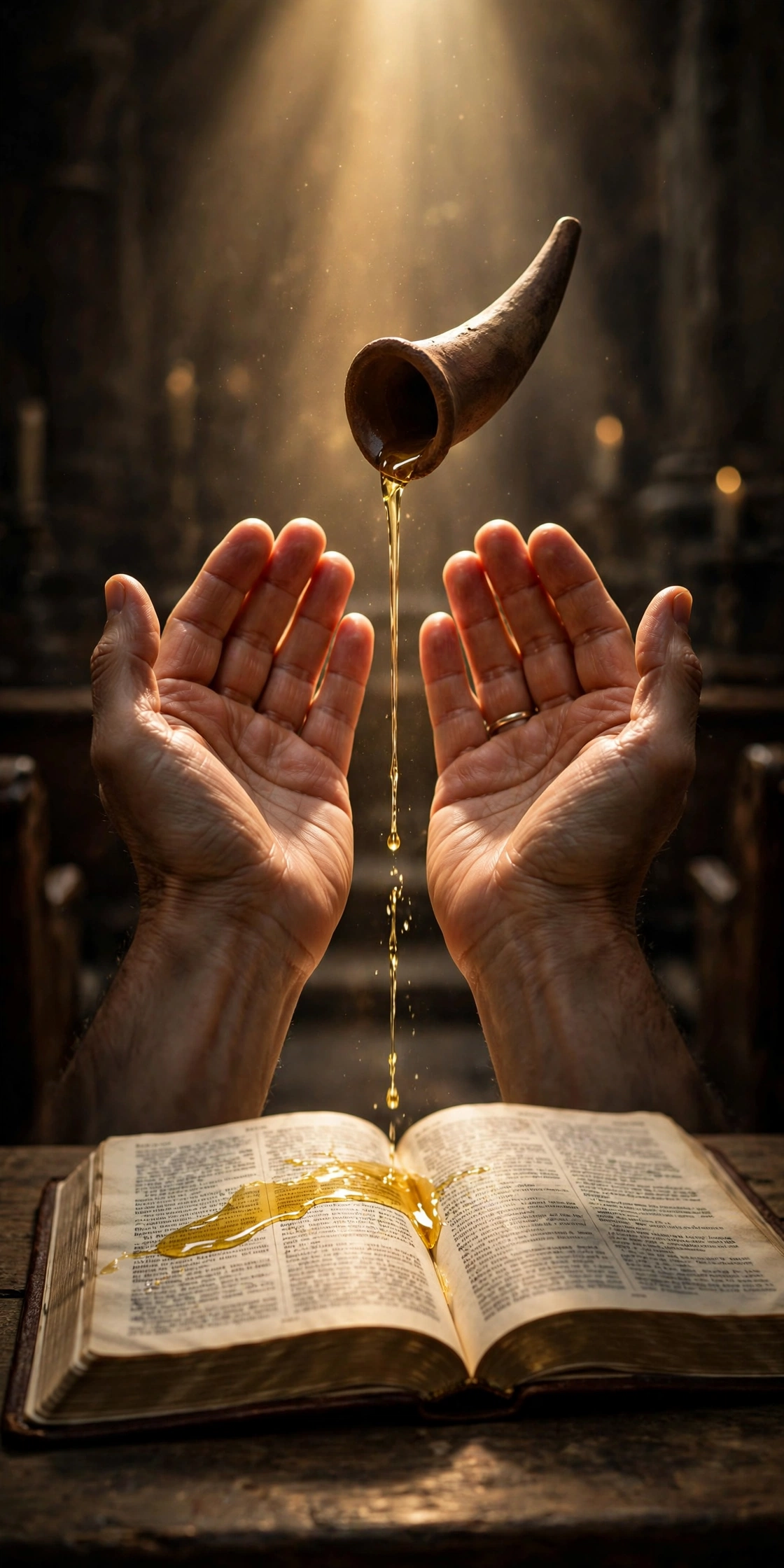 Uplifted hands receiving anointing oil poured from a clay horn over an open Bible in warm golden church light