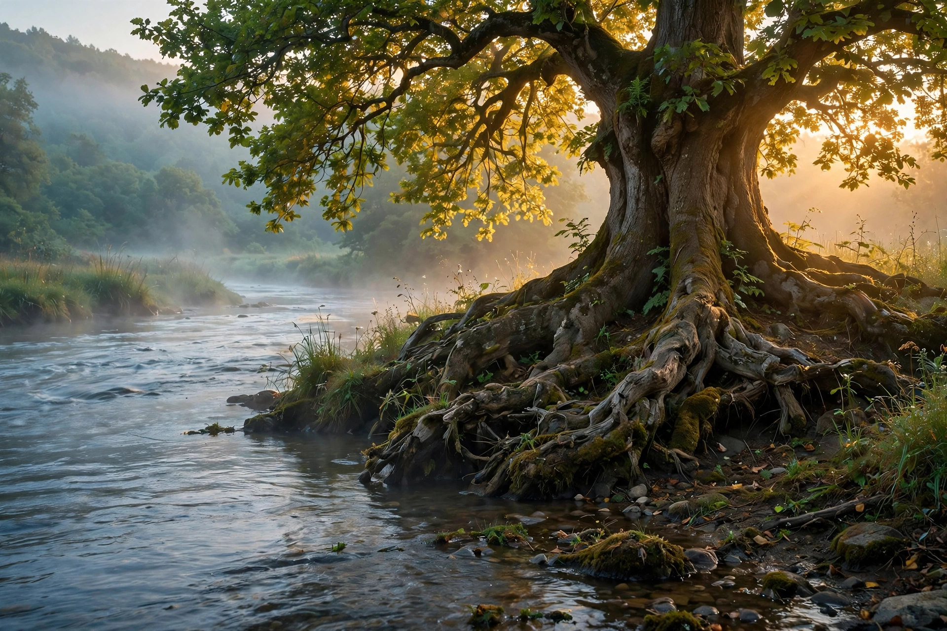 A majestic tree planted beside a gently flowing river at dawn, roots at the water's edge, golden morning light with soft mist over the water