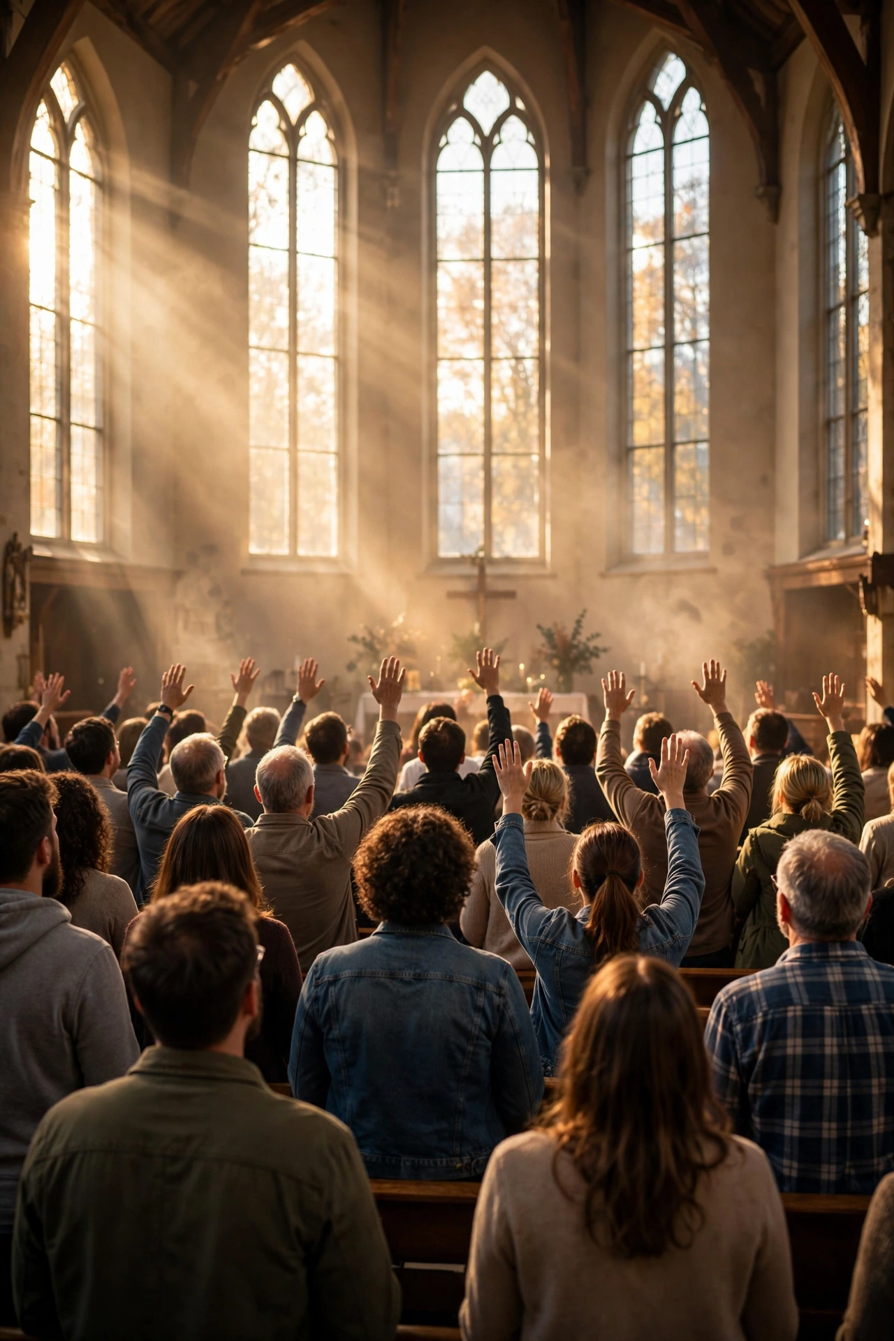 A congregation of believers with uplifted hands in worship inside a church sanctuary, warm golden light streaming through tall windows