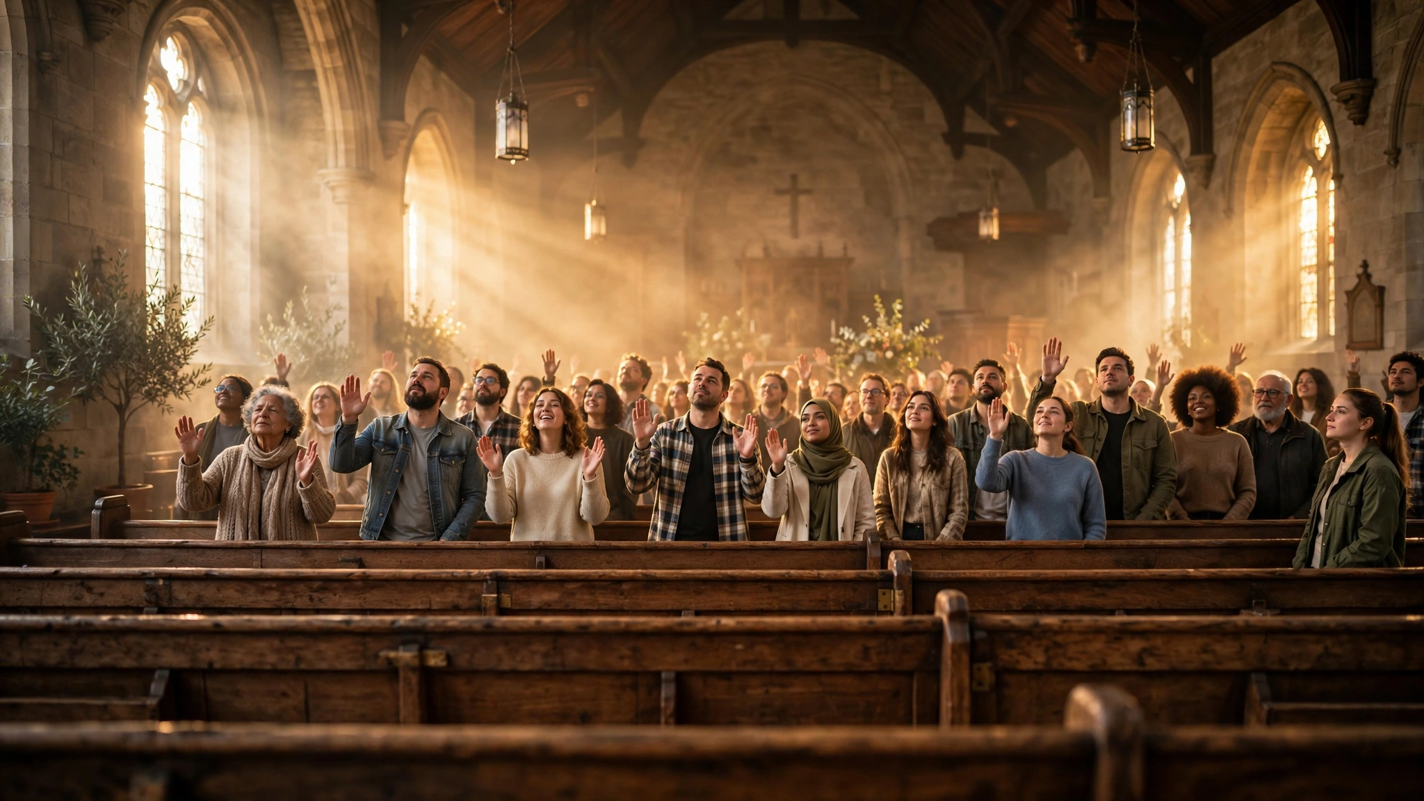 Congregation worshipping with raised hands in warm golden church light