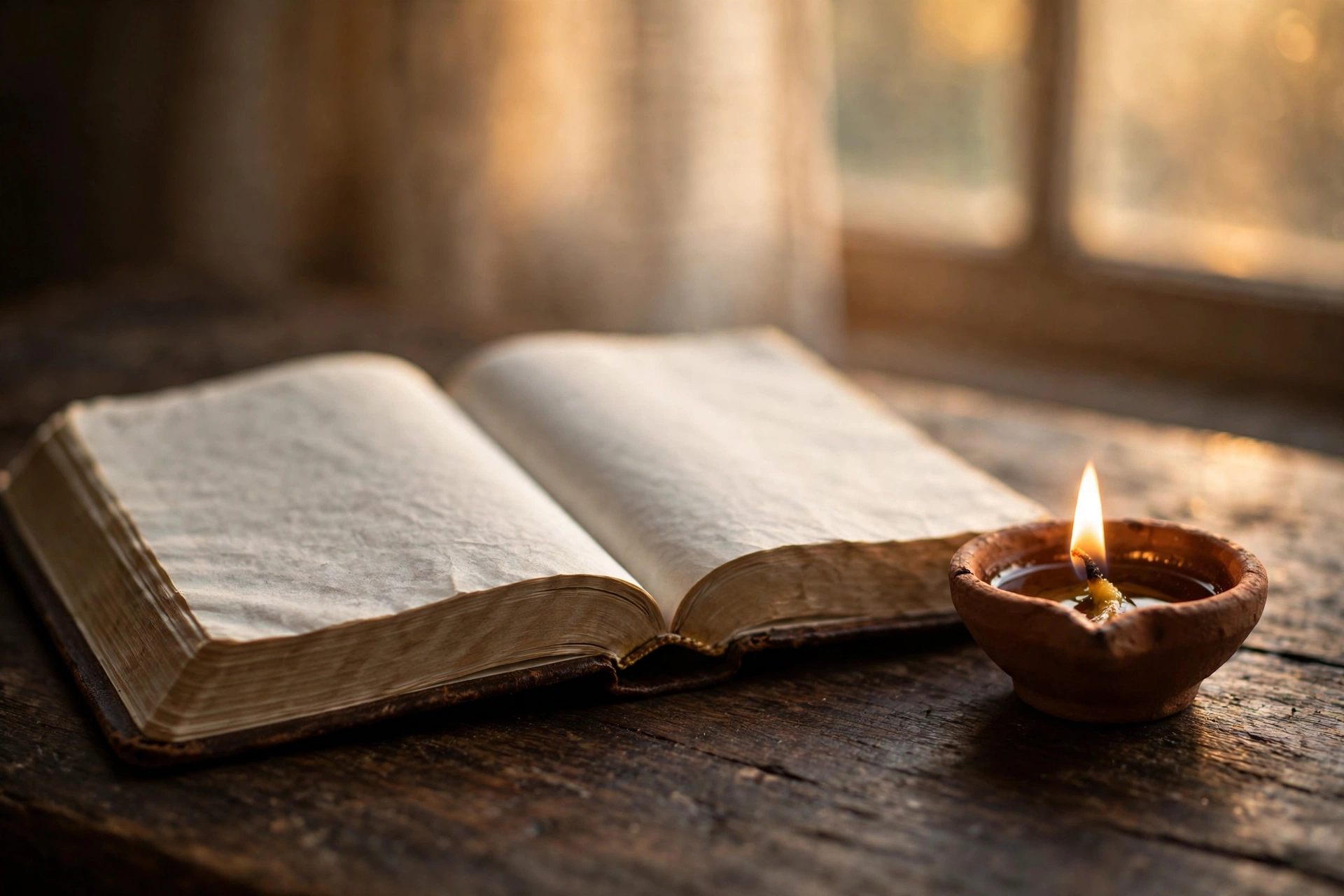 Open Bible beside a glowing clay oil lamp in warm window light